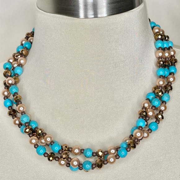 Jewelry - Turquoise Beaded Bronze Triple Stand Necklace